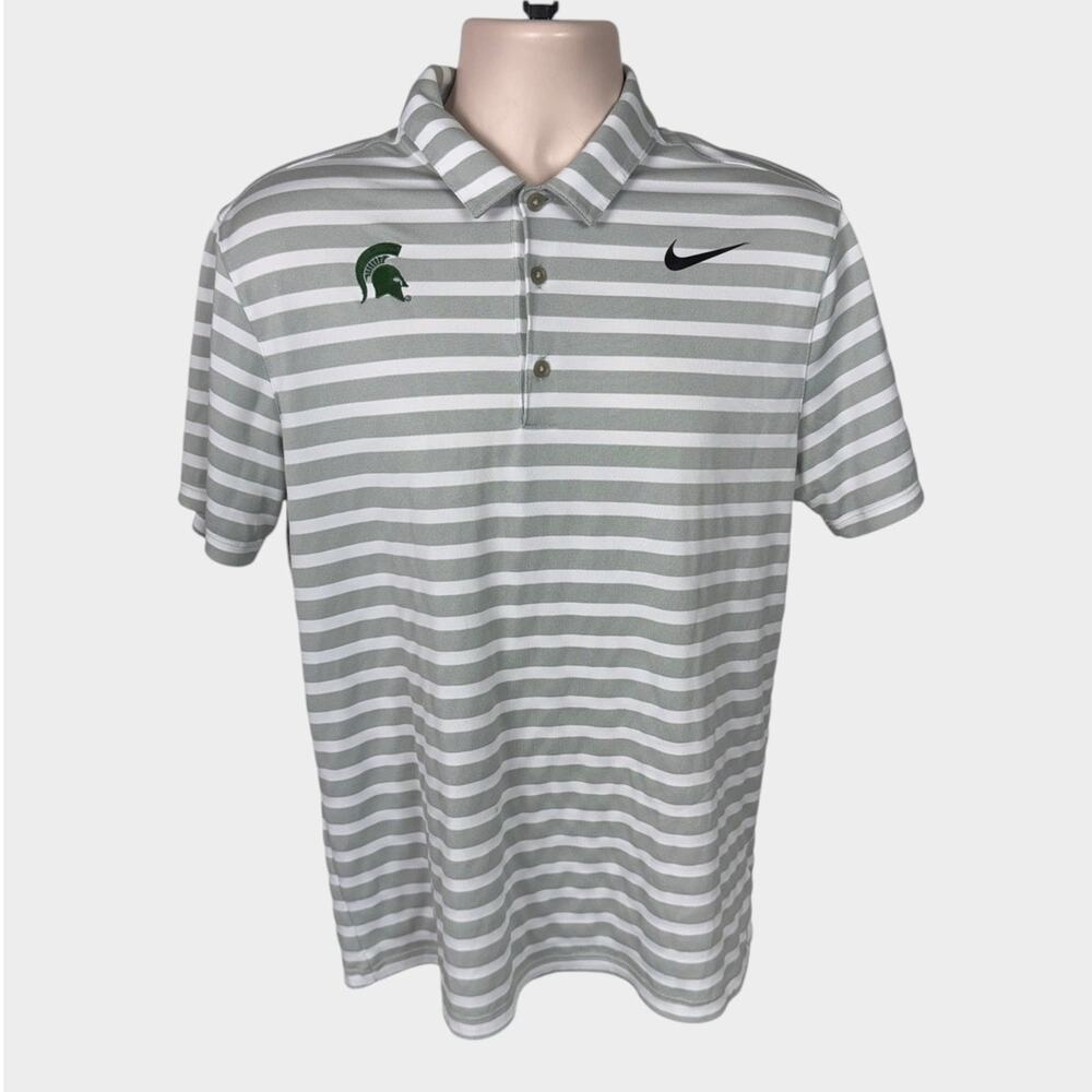 Nike Golf Mens Medium Standard Fit Gray White Stripe Michigan State Polo Shirt